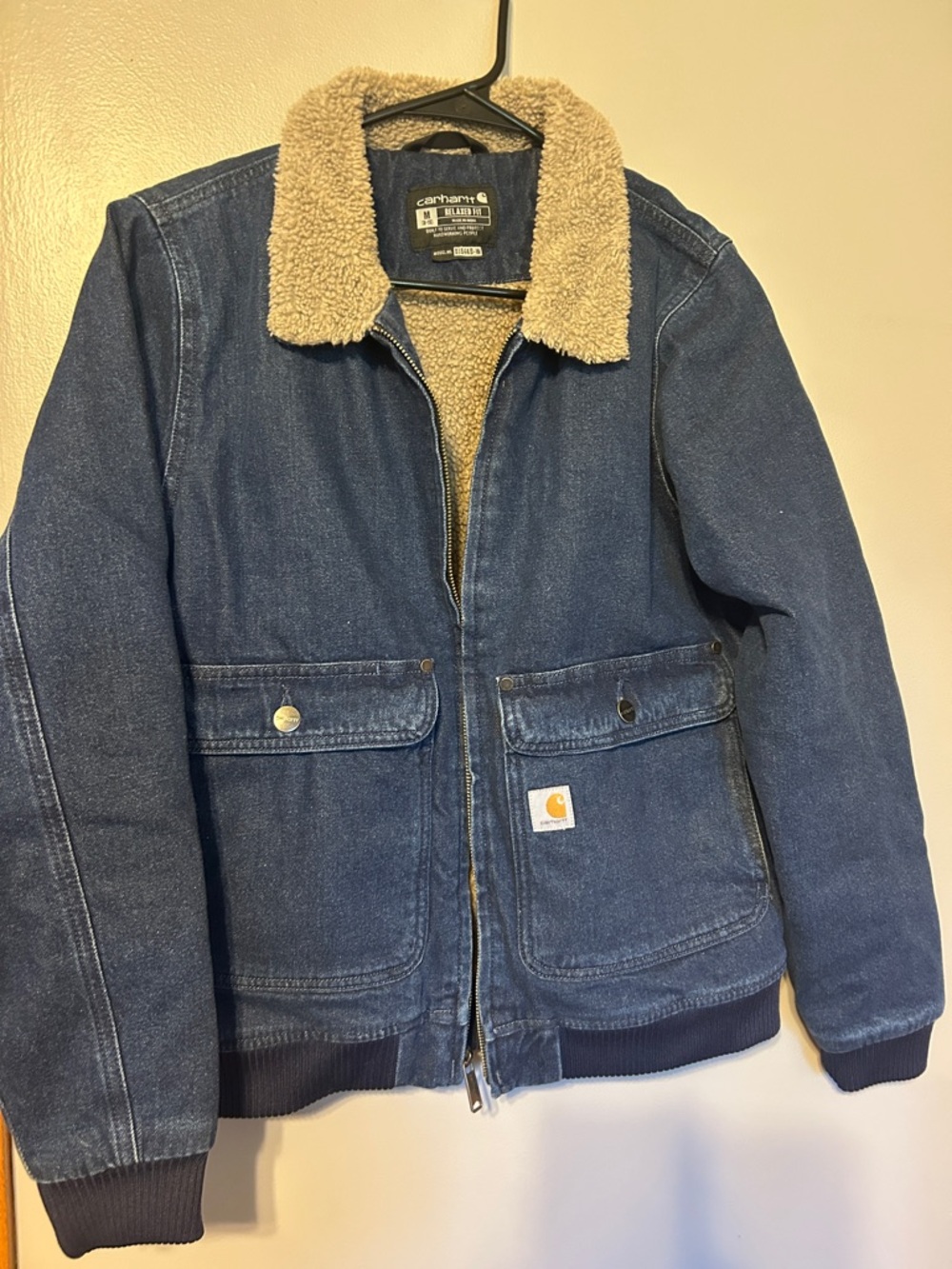 Carhartt Blue Denim Jacket with Tan Sherpa Collar